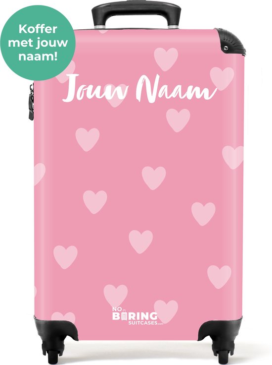 NoBoringSuitcases.com® - Kindertrolley roze hartjes - Meisjes koffer met naam - Trolley koffer kinderen - Kinder rolkoffer met wieltjes - Past binnen 55x40x20 en 55x35x25