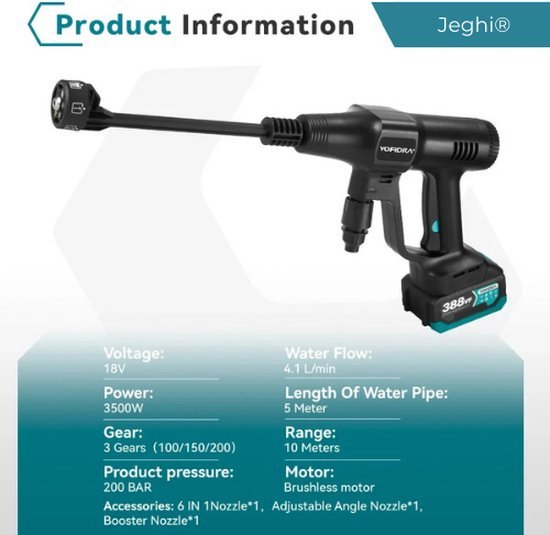 Jeghi® Accu Hogedrukreiniger 6 in 1 - Hoge drukspuit - Cleaner - Tuinslang - Auto Cleaner - 2x Accu 18V - max. 200 bar - 3 standen - incl. 5m waterslang van Jeghi® — afbeelding 2