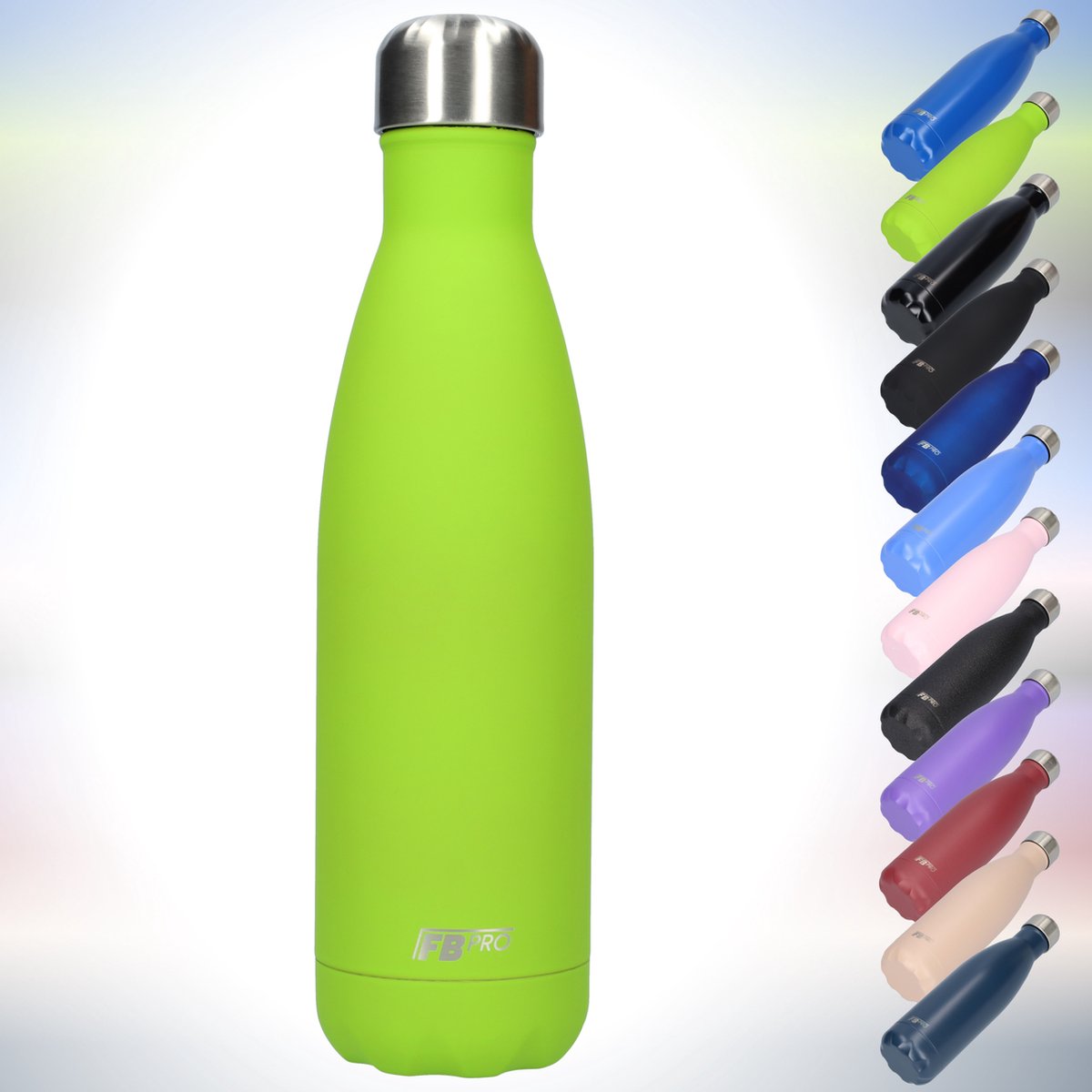 FBFS23, Thermosfles, Drinkfles, Waterfles - Modern & Slank Design - Thermos Fles voor de Warme en Koude Dagen - Dubbelwandig - Robuuste Thermoskan - 500ml - Matte Lime Green - Mat Limoen Groen