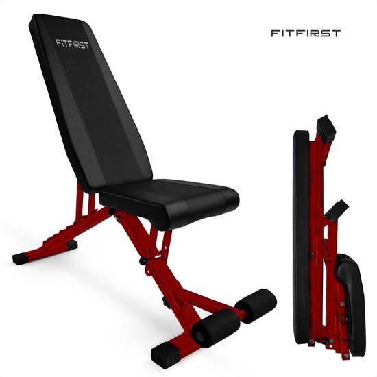 FitFirst® Fitnessbank Rood - Extra Brede Rugleuning - Tot 300KG - Maximale Stabiliteit - Inklapbaar en in 32 standen Verstelbaar - Licht en robuust - Halterbank - Trainingsbank