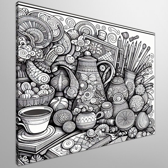 Doodle stilleven schilderij | Woorden in beeld: een levendig stilleven van artistiek gekrabbel | Kunst - 80x80 centimeter op Dibond | Foto op Dibond