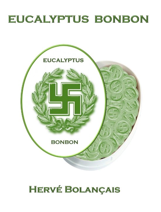 Bonbon Eucalyptus dans un ovale vert avec une couronne de laurier et un symbole de svastika. À droite, une boîte blanche avec des bonbons verts.
