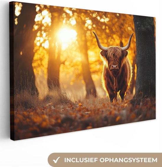 Foto: Canvas schilderij 120x80 cm wanddecoratie schotse hooglander bos herfst dieren natuur bladeren muurdecoratie woonkamer slaapkamer decoratie kamer accessoires schilderijen