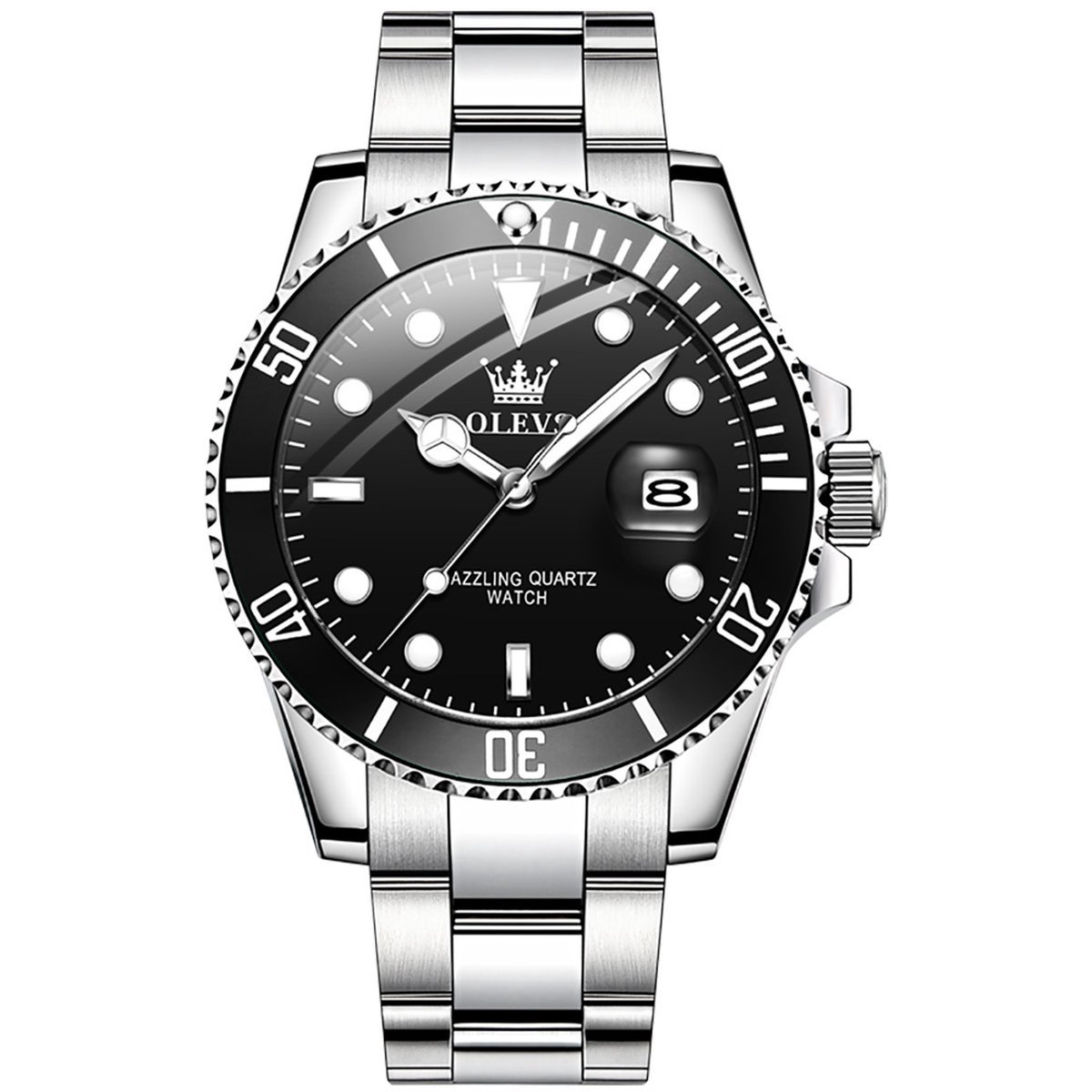 OLEVS Horloge voor mannen - Heren horloge - Roestvrij Staal - Zwart Zilver - met verstelbare pin -)