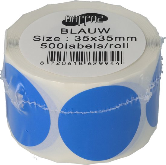 5x 500 Étiquettes autocollantes rondes Blauw 35 mm en rouleau - Étiquettes Autocollants Blanco colorées - Sceau d'étanchéité - Dappaz