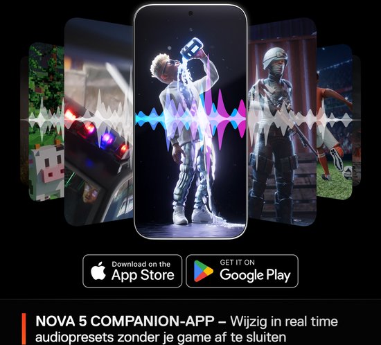 Smartphone met games en geluidsgolven, "Nova 5 Companion-app" met App Store en Google Play logo's.