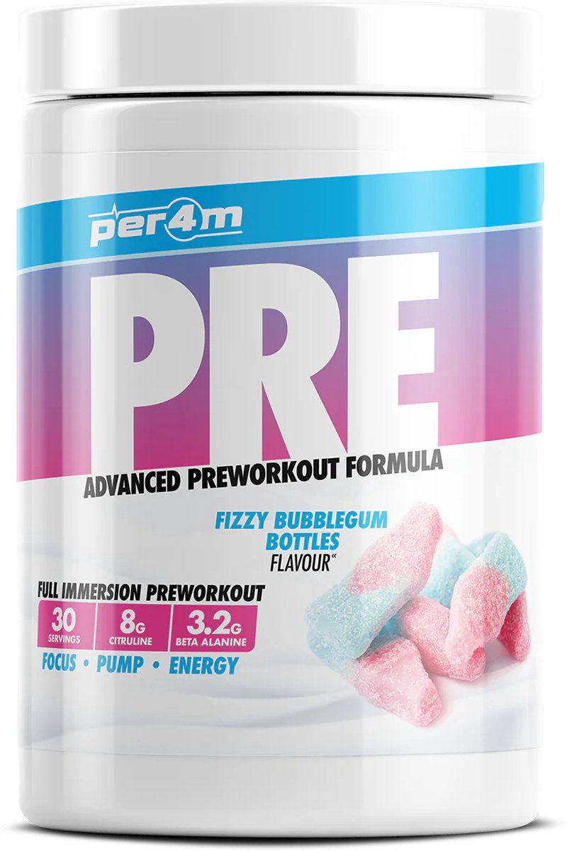 Goedkoopste Per4m - Pre Workout Stim - 570g - Fizzy Bubblegum Bottles - pre-workout - preworkout - sportvoeding - fitness - krachttraining