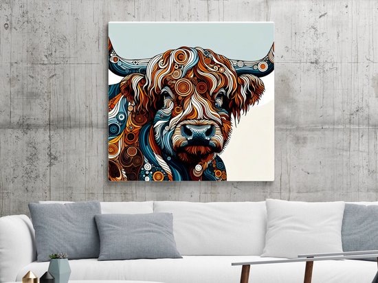 Acryl schotse hooglander schilderij | Hooglandse pracht in levendige acryl penseelstreken vereeuwigd op doek | Kunst - 30x30 centimeter op Dibond | Foto op Dibond
