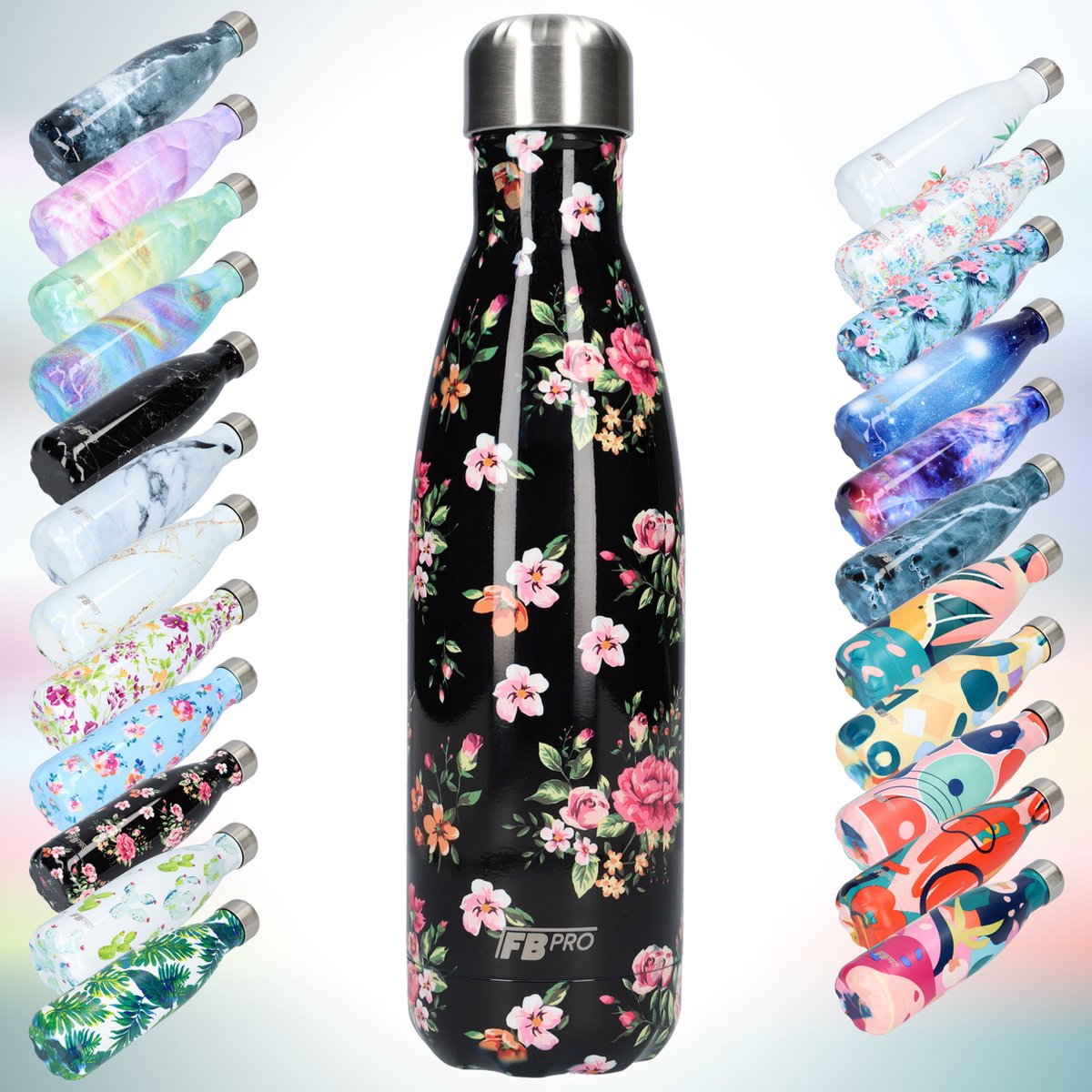 FBFS41, Thermosfles, Drinkfles, Waterfles - Modern & Slank Design - Thermos Fles voor de Warme en Koude Dagen - Dubbelwandig - Robuuste Thermoskan - 500ml - Classic Black Flowers - Klassieke Zwarte Bloemen