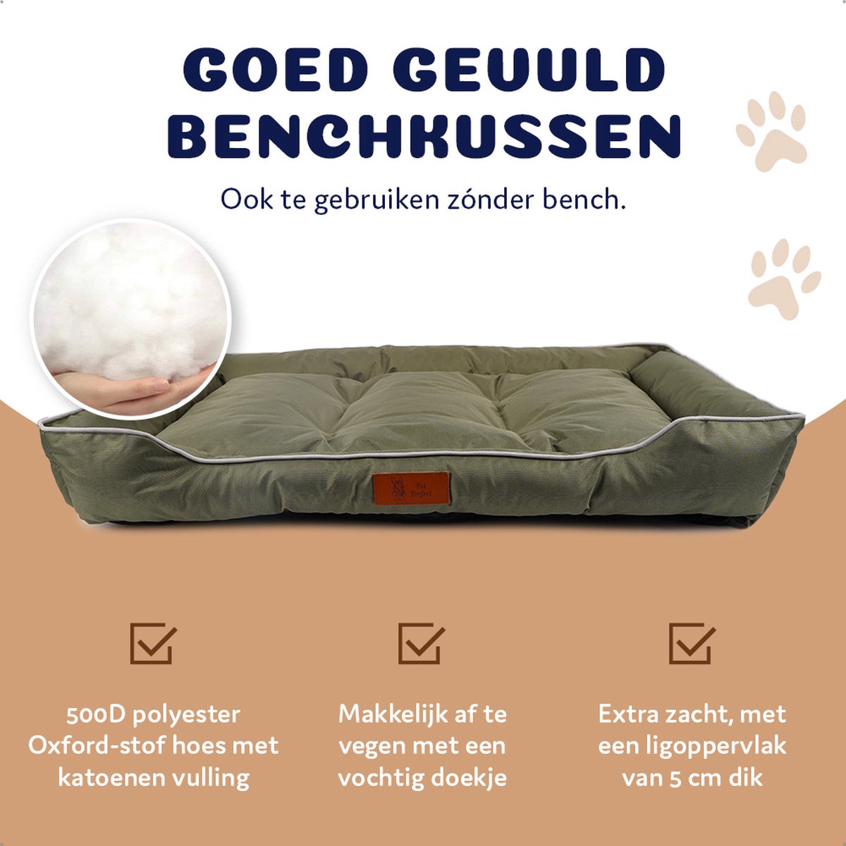 Pet Perfect Benchkussen XL - Hondenkussen Wasbaar - Hondenmand - Groen - 90x55x10 thumbnail 3