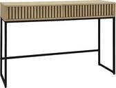sweeek - Eigentijdse sidetable met 2 laden in gegroefd houtdecor, zwart metalen structuur en basis