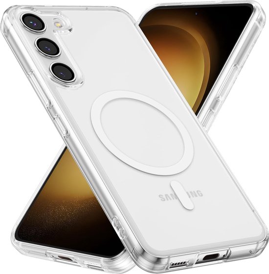 Twee doorzichtige hoesjes met MagSafe-ring voor Samsung S23, op elkaar gestapeld.