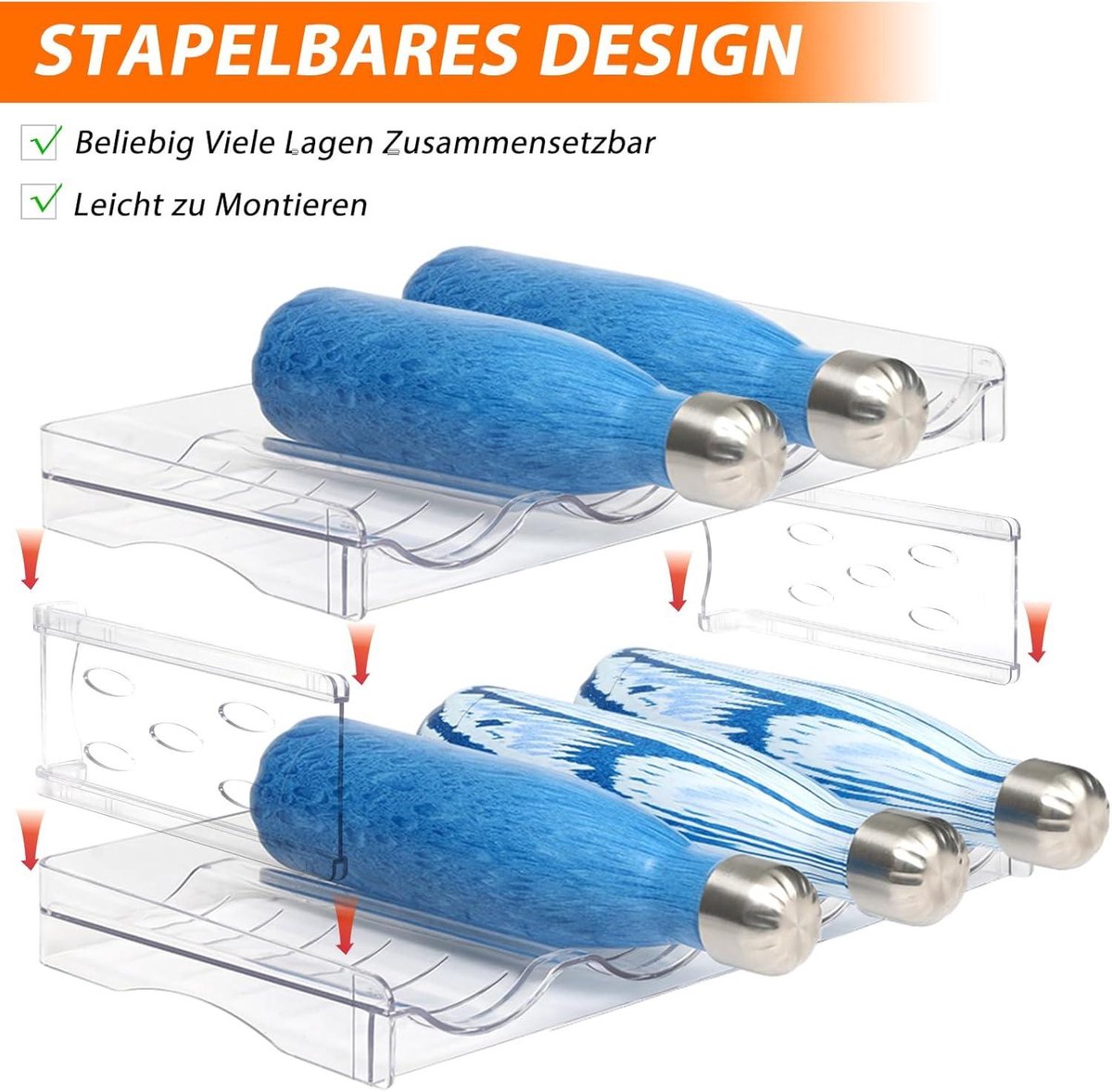 Flessenhouder, koelkast, stapelbaar, 9 flessen, efficiënte flessenorganizer voor koelkast en kast, praktisch wijnrek, stapelbaar voor orde en stabiliteit (3 lagen, 9 flessen