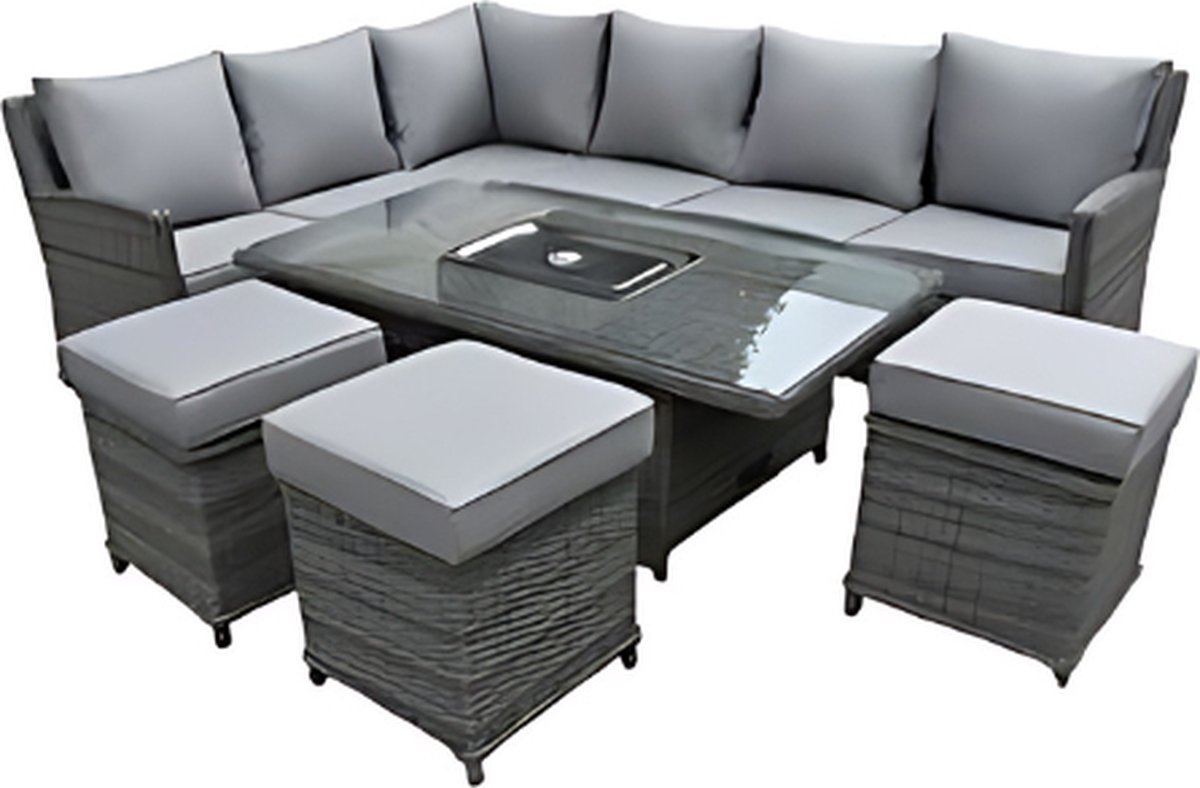 Diego dinerset 6-delig donker grijs wicker, Licht grijze kussens tuinset - tuinmeubels