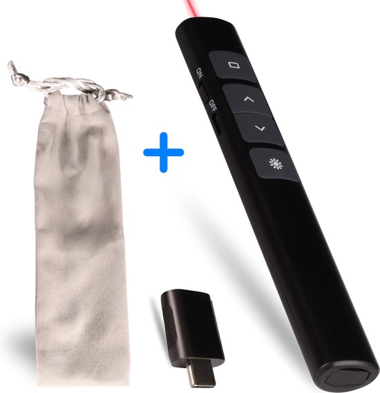 Clicker de présentation - Présentateur sans fil avec fonction laser - Comprend un adaptateur USB-C et un sac de rangement - Compatible avec PowerPoint, Keynote - Portée de 30 m - Rechargeable - Zwart - Perfect pour Mac et PC