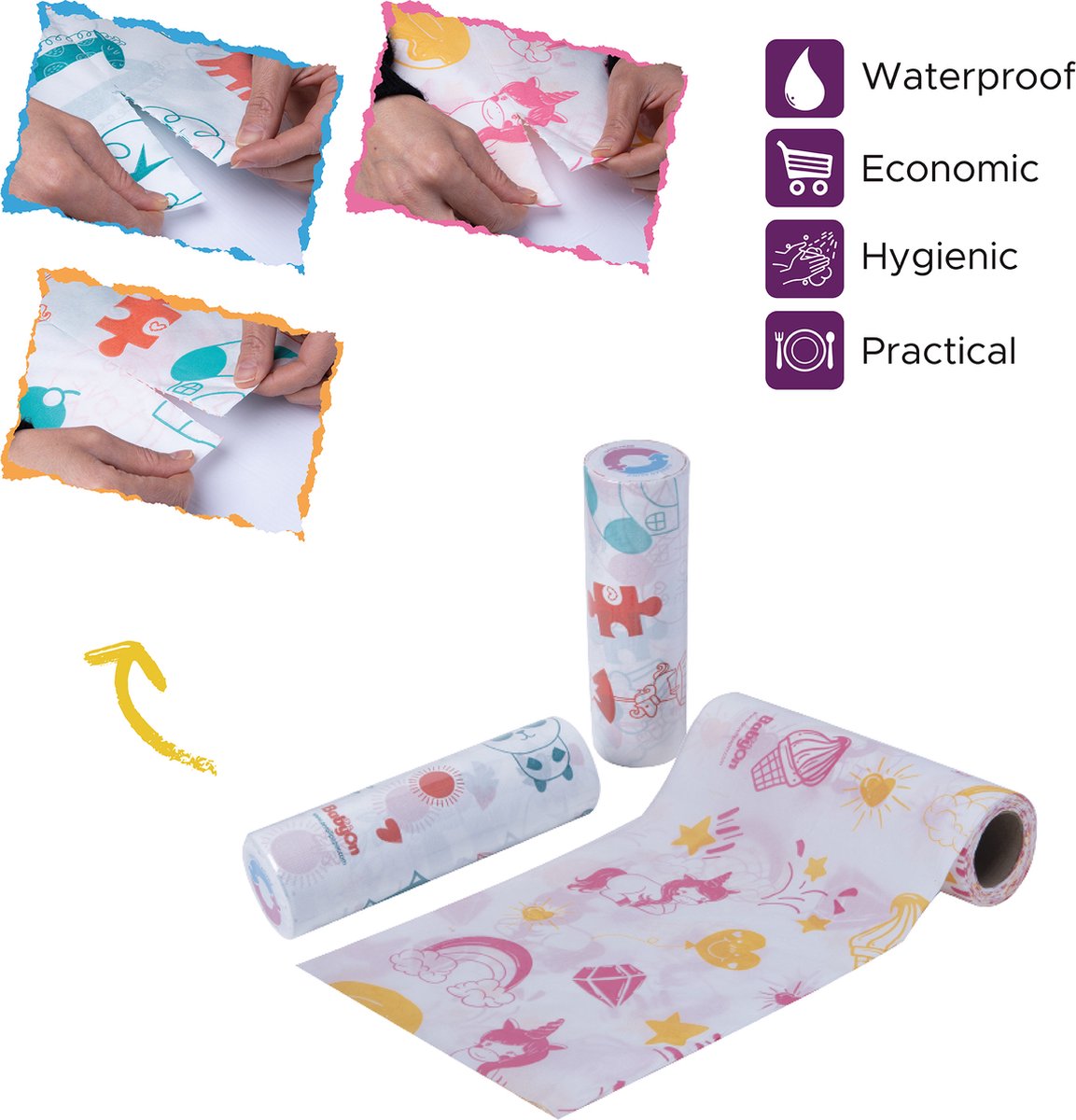 Tafelkleed voor kinderen op een Rol - waterdicht - waterproof -spatmat kleed Onder de Kinderstoel - 100x120 Wegwerp Vloermat Onder Kinderstoel - Baby - Maaltijd-Picknick-Knutselen - Kinderdagverblijf - School - tafelkleed - Eenhoorn Motief - 30 stuks
