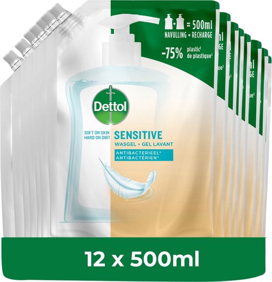 Een Dettol navulverpakking handzeep Sensitive voor een dispenser, omringd door 11 identieke navulverpakkingen. "12 x 500ml".