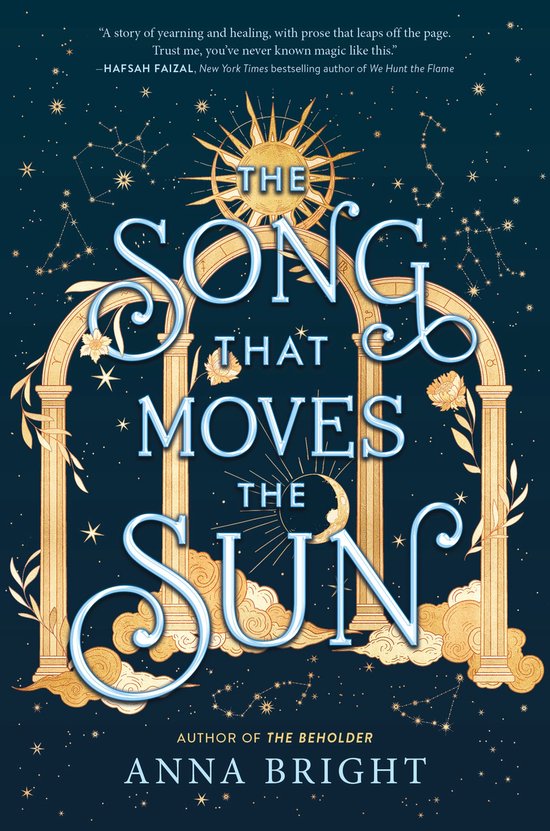 La couverture du livre 'The Song That Moves the Sun' avec un soleil doré, des constellations et des colonnes classiques.
