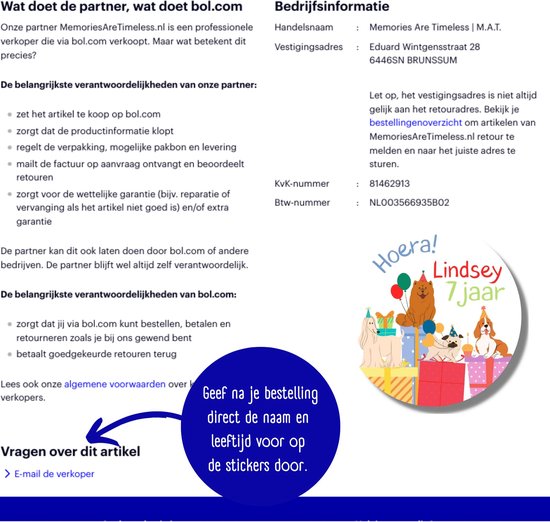 Een gedetailleerde productpagina met informatie en de 'Hoera! Lindsey 7 jaar' sticker met honden.