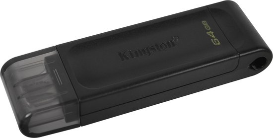 Zwarte Kingston 64 GB USB-stick met transparante dop, liggend.