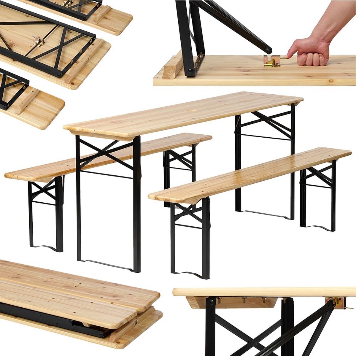 Kibus Biertafel - Picknicktafel - 2 Bierbanken en Tafel - 3-delig - Tafel 170x46x75cm - Bank 170x23x46cm - Tot 250KG per bank - Picknick - Camping - Kinderfeestje