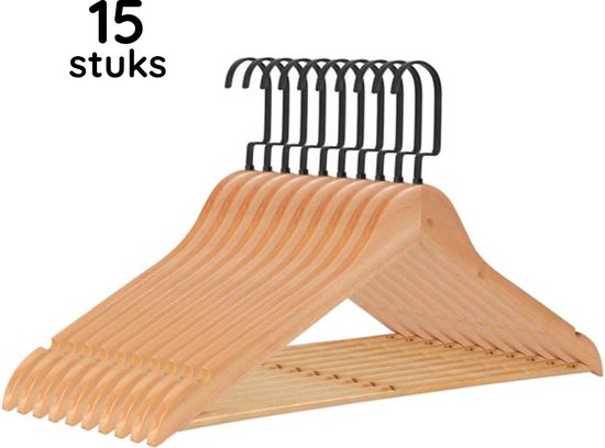 Foto: Eleganca luxe kleerhangers kledinghanger 15 stuks behandeld hout 45x26 x1cm multifunctionele kledinghanger gelakt met platte zwarte haak hout kleur