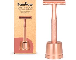 Bambaw Metalen Scheermes met Standaard – Scheermesjes mannen vrouwen – Safety Razor Mannen – Safety Razor voor vrouwen – Voor Double Edge Mesjes - Roségoud