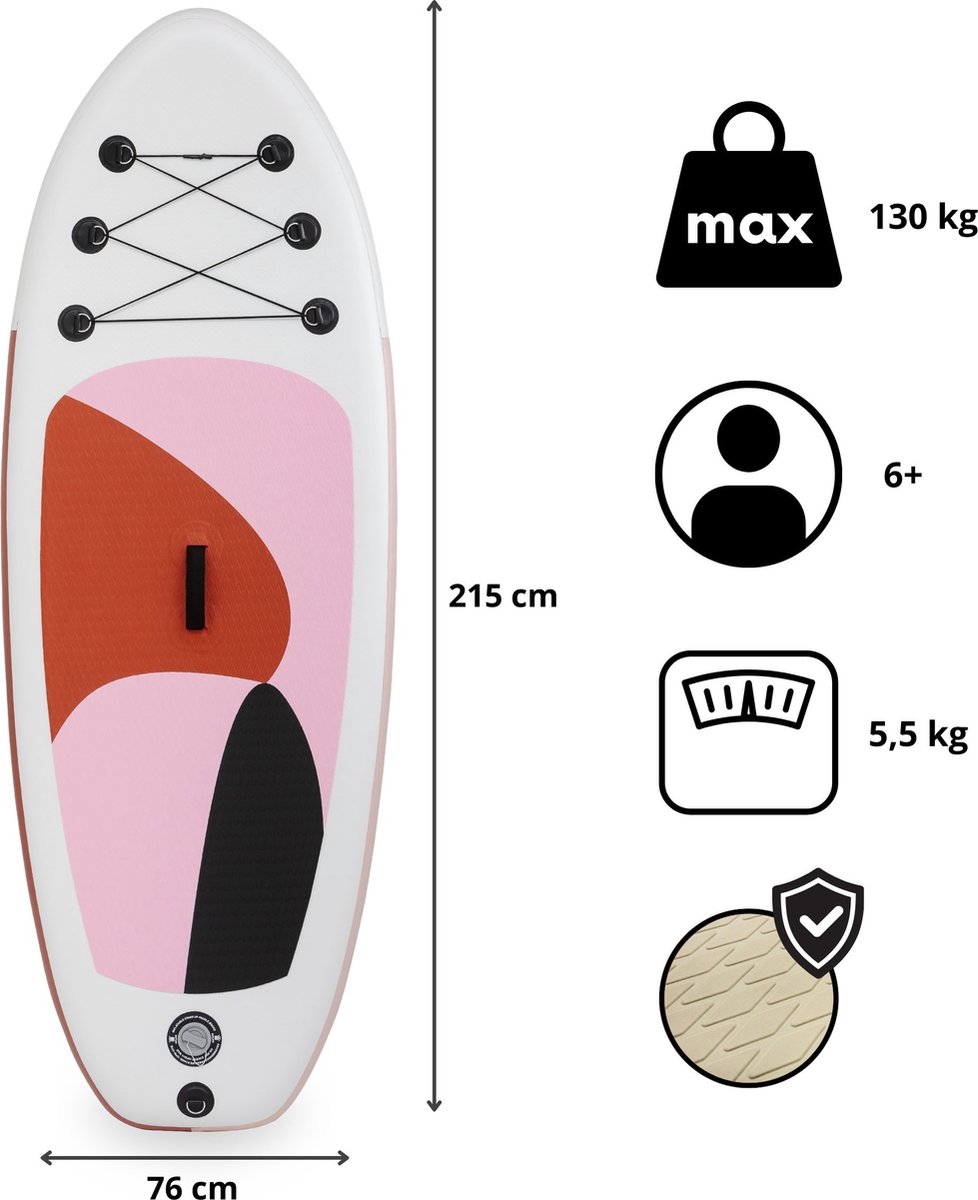 HyperMotion Opblaasbaar SUP-board voor kinderen, dikte 15 cm, paddleboard, stand-up paddleboardset, verstelbare peddel, pomp, lanyard, waterdichte rugzak, belastbaar tot 130 kg, roze