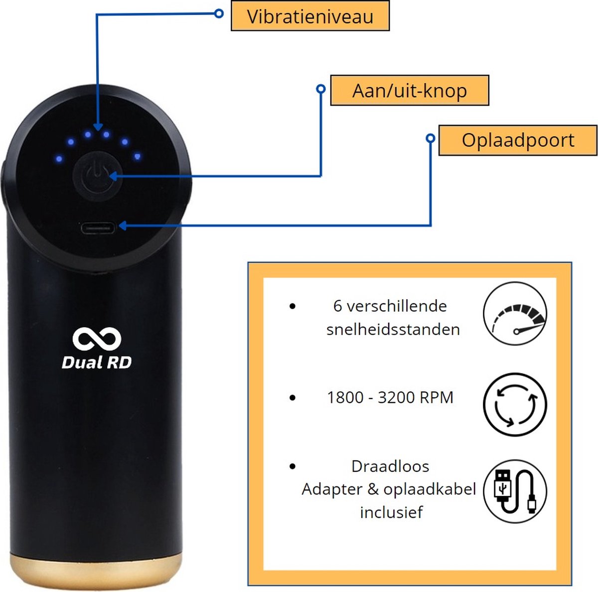 Afbeelding 3 van Dual R&D Massage Gun + GRATIS Adapter - Massage-Gun -Mini Massage gun - Massage Apparaat -Massagegun - Massage pistool - incl. 4 opzetstukken - Draadloos - Oplaadkabel