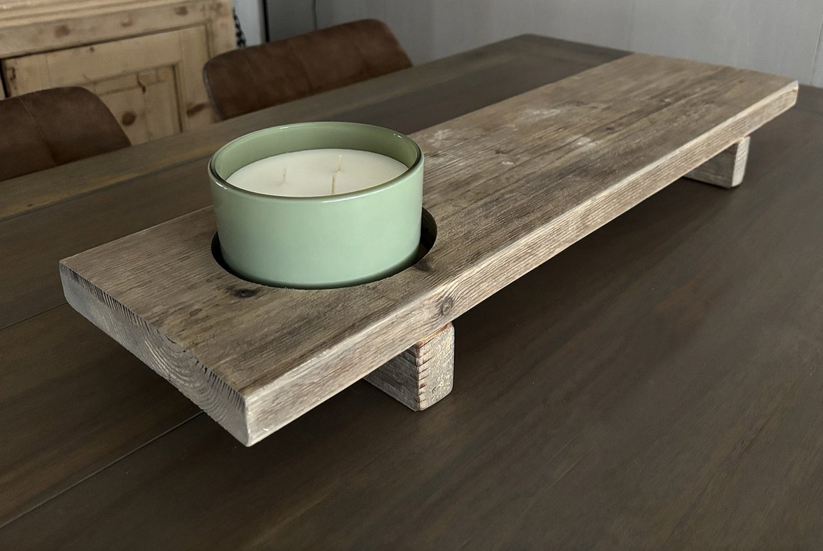 Vensterbank plank - Inclusief geurkaars - Verzonken houder - Tafelplank - Gebruikt hout - 70x19,5x8 cm