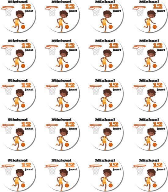 Tientallen stickers met een jongen in oranje sportkleding met basketbal bij basket, Michael 12 jaar!