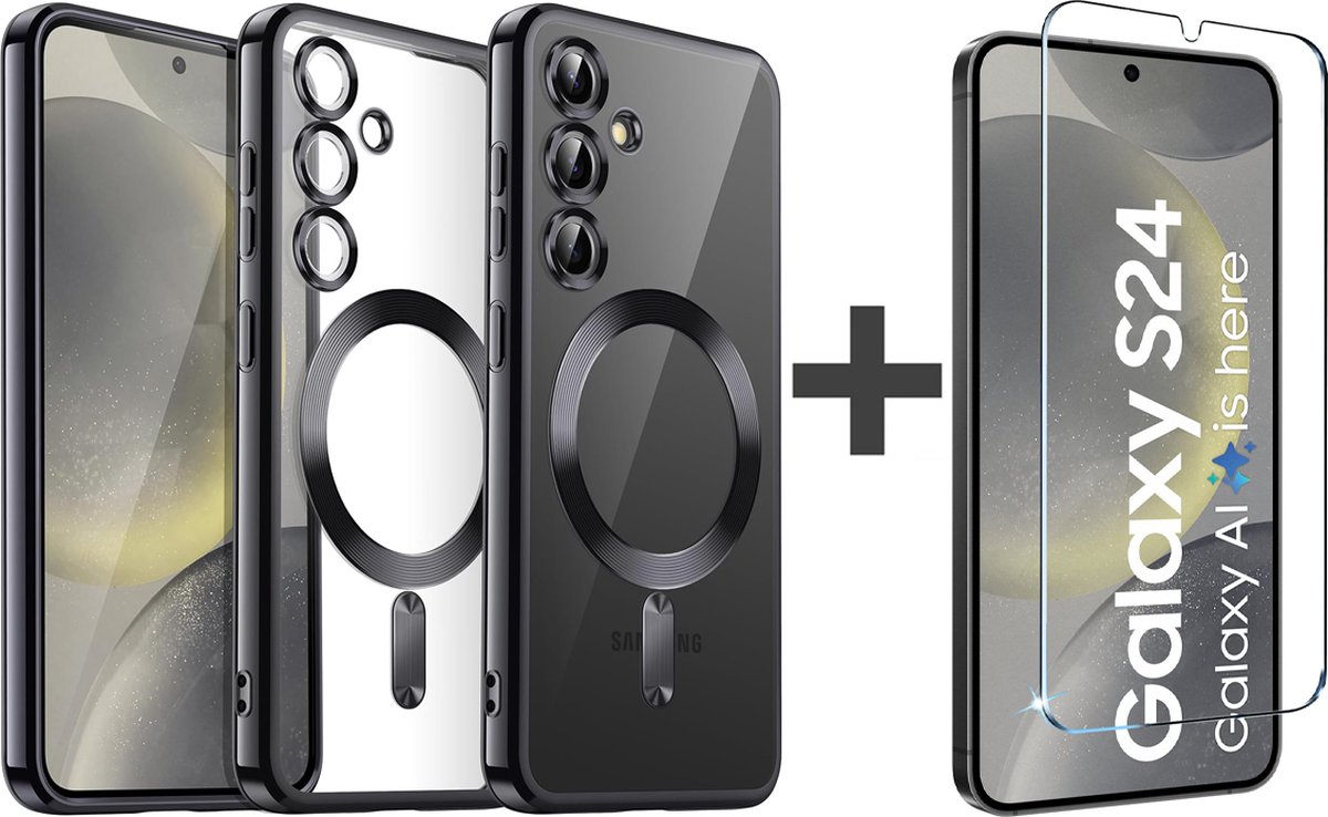 BixB hoesje met screenprotector van gehard glas Geschikt voor Samsung Galaxy S24 met magnetisch Ring hoesje - backcover - Zwart