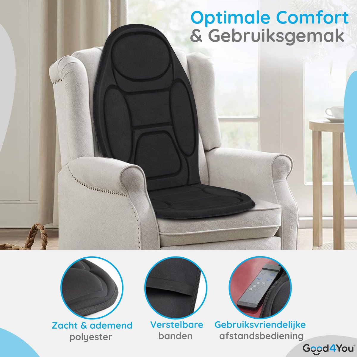 Afbeelding 2 van Good4You® Massagestoel Auto - Massagekussen - Massage apparaat - Rug - Infrarood - Verwarmingsfunctie - Zwart