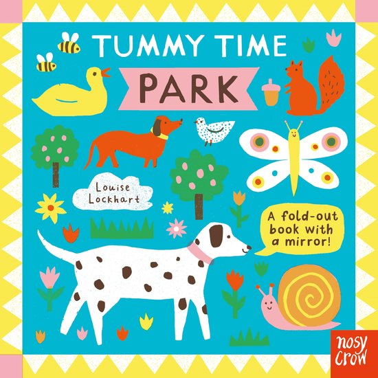 Een illustratie van de kaft van het boek 'Tummy Time Park' met een dalmatiër, eend, vlinder, eekhoorn, slak, hond en bijen.
