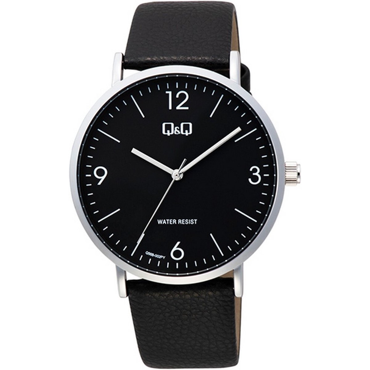 QQ Q56B-002PY - Horloge - Analoog - Heren - Mannen - Leren band - Rond - Metaal - Zwart - Zilverkleurig - 3ATM