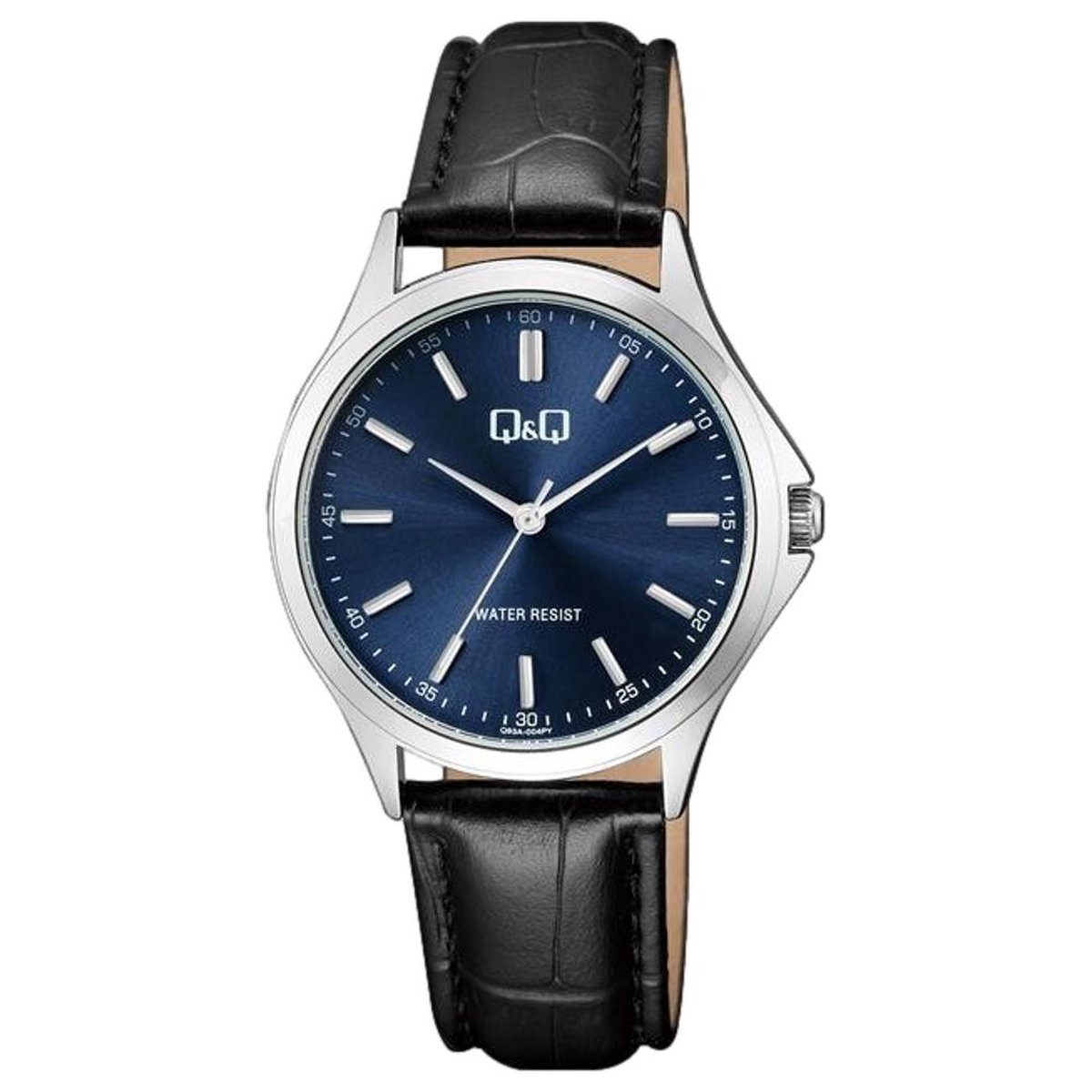 QQ Q93A-004PY - Horloge - Analoog - Unisex - Leren band - Rond - Metaal - Streepjes - Zwart - Zilverkleurig - Blauw - 3 ATM
