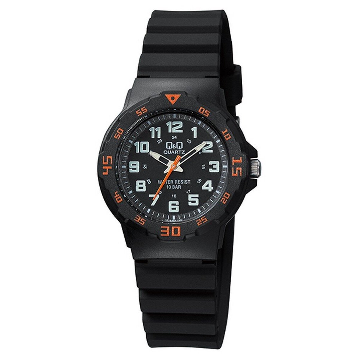 QQ VR19J008Y - Horloge - Sport - Analoog - Dames - Vrouwen - Kinderen - Plastic band - Rond - Kunststof - Cijfers - Zwart - Oranje - 10 ATM