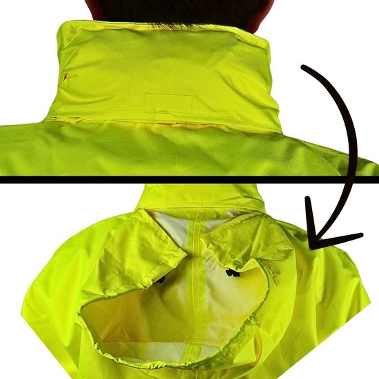 Dubbele afbeelding van de kraag en nek van een felgele jas. Boven: kraag gesloten. Onder: kraag open met capuchon.