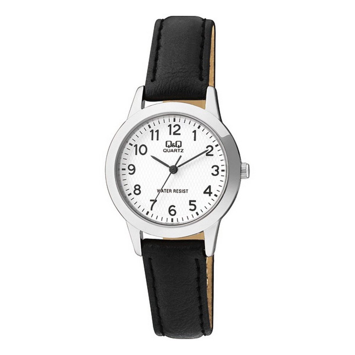 QQ Q947J304Y - Horloge - Analoog - Dames - Vrouwen - Leren band - Rond - Staal - Cijfers - Zwart - Zilverkleurig - Wit