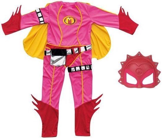 Roze superheldenkostuum met gele cape, rode laarzen en rood masker.