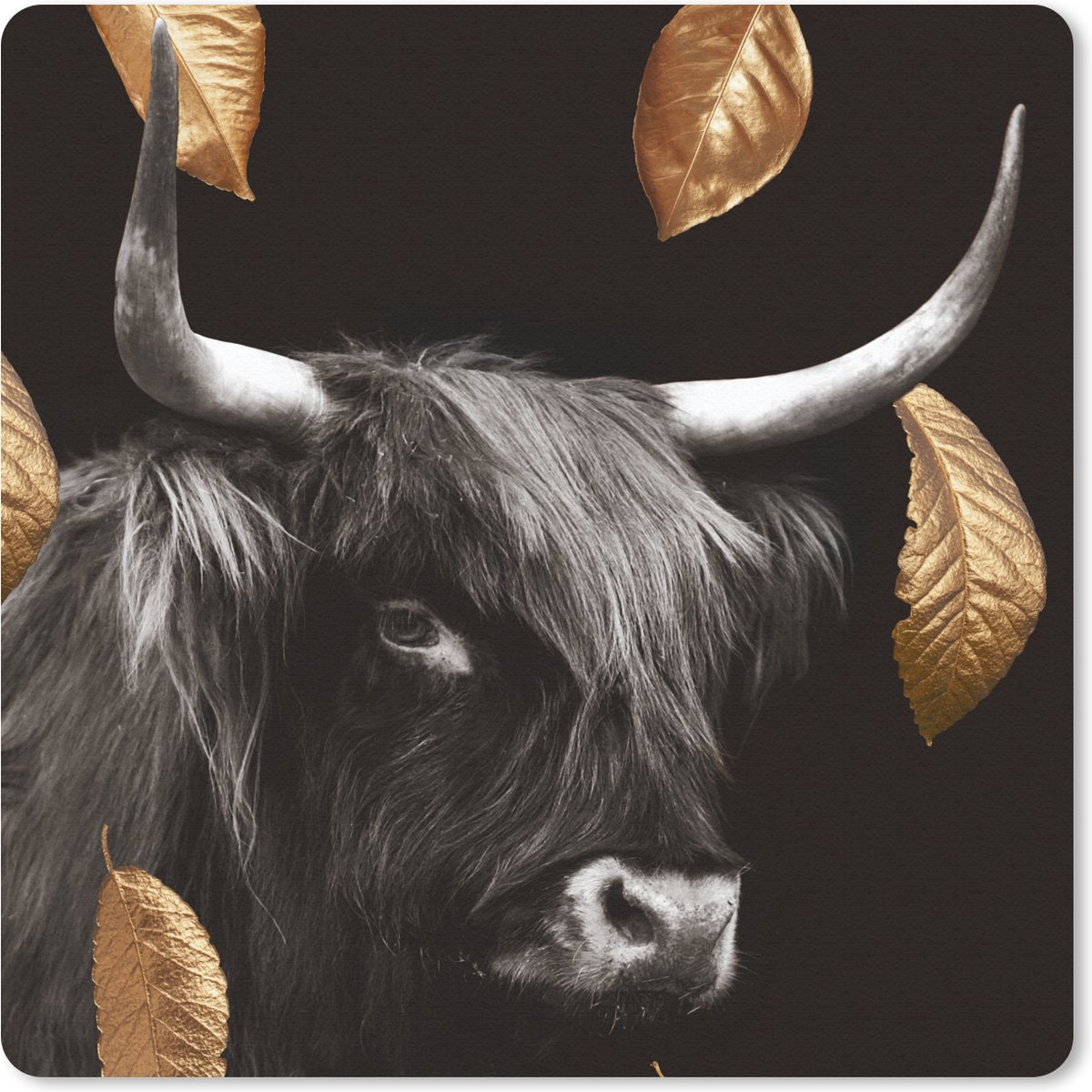 Muismat 20x20 cm - Mousepad Schotse hooglander - Goud - Bladeren - Muismatten