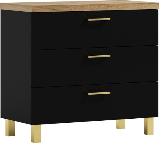 Pro-meubels - Commode Novara - Zwart mat - Chêne - 60cm - Meuble de rangement - 3 tiroirs - Commode