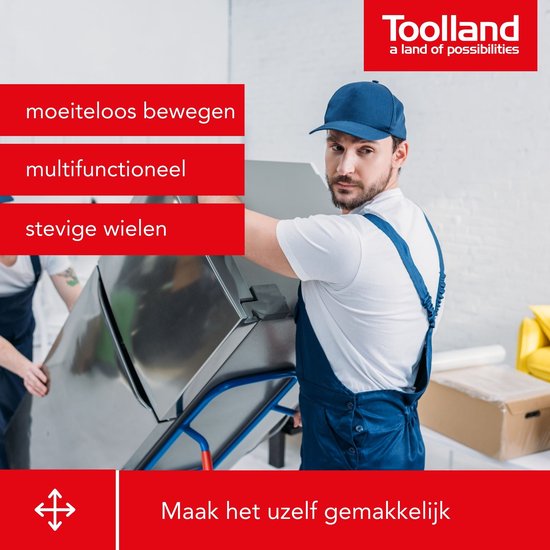 Man met blauw overall duwt grote metalen kast op steekwagen. Toolland logo en tekst.