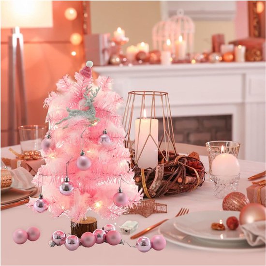 UUHUKP Tafelblad Kerstboom, mini roze kunstkerstboom kleine kunstkerstboom met verlichting en hangers voor thuis keuken eettafel decoratie, 45 cm UUHUKP Tafelblad Kerstboom, mini roze kunstkerstboom kleine kunstkerstboom met verlichting en hangers voor thuis keuken eettafel decoratie, 45 cm