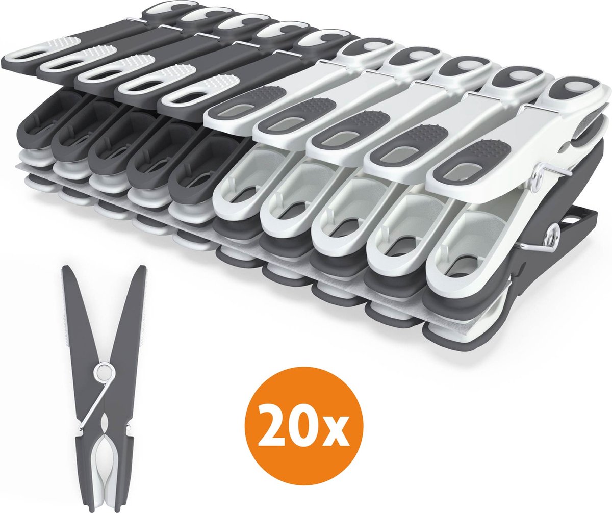 Goedkoopste LaundrySpecialist Wasknijpers soft grip - Grijs/wit - 20 stuks - extra lang en stevig - Gemaakt van 85 gerecycled materiaal - wasknijpers plastic - wasknijpers kunststof - knijpers plastic - Made in EU