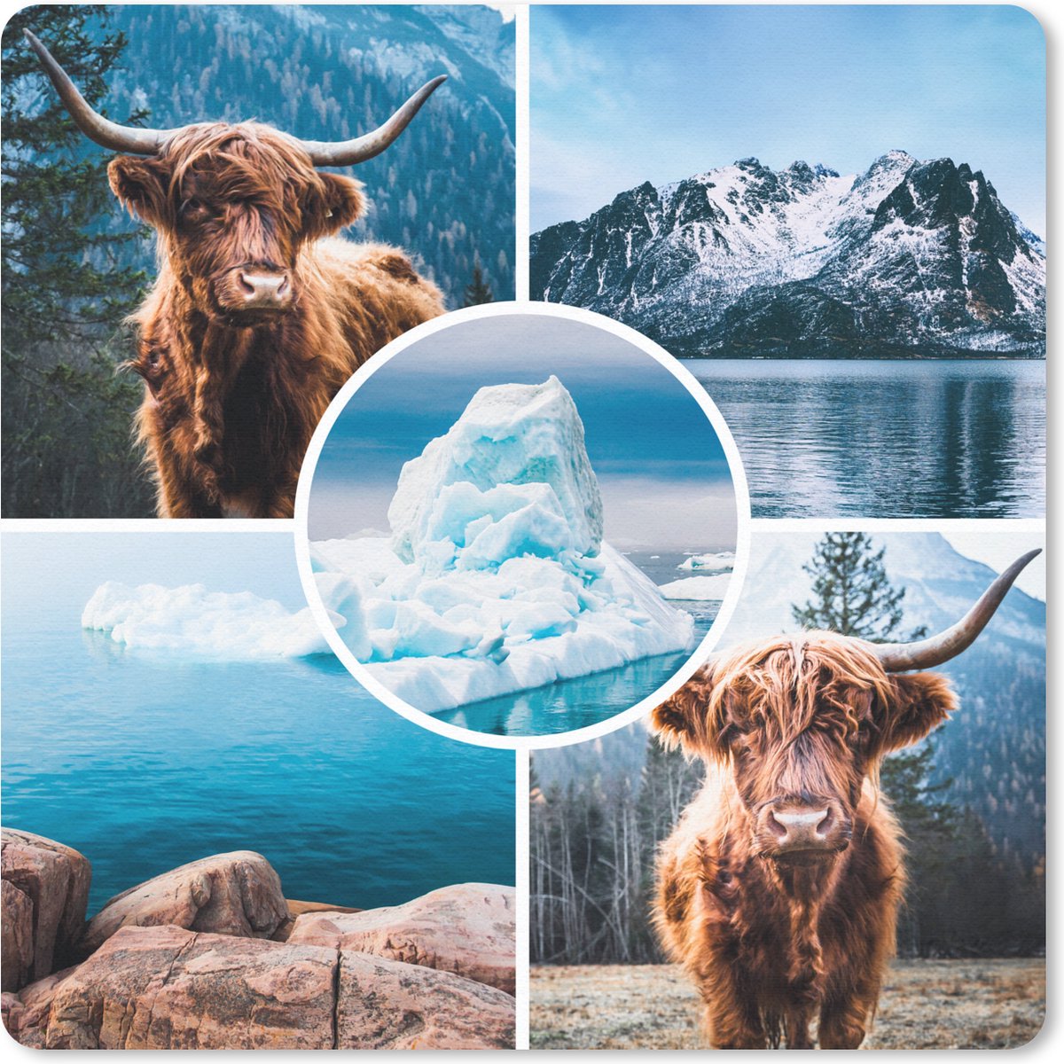 Muismat 30x30 cm - Mousepad Schotse hooglander - Collage - IJs - Berg - Muismatten