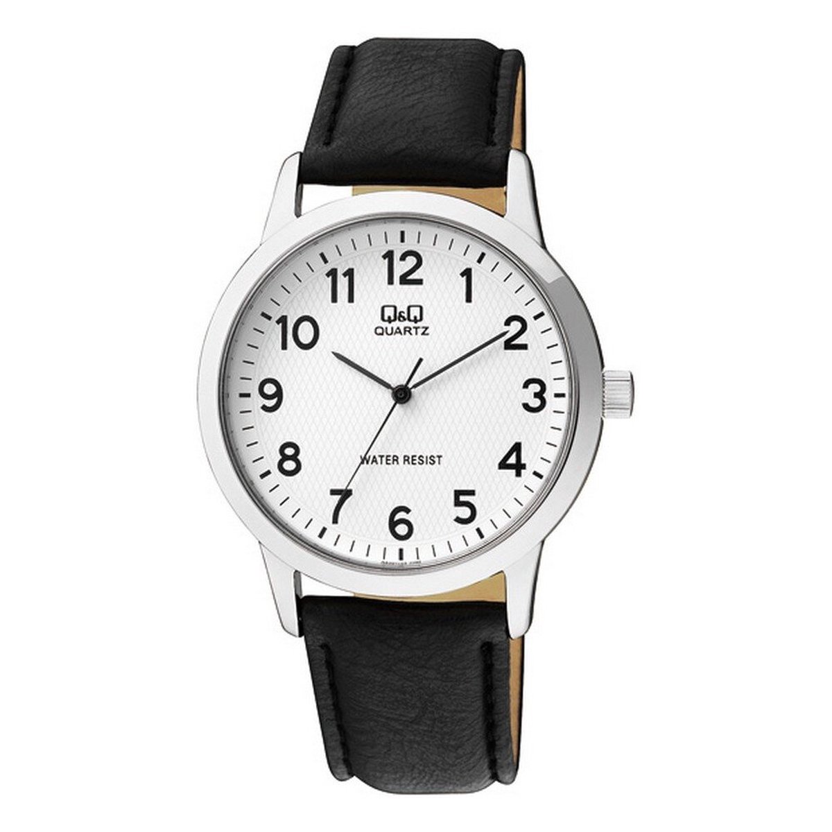 QQ Q946J304Y - Horloge - Analoog - Heren - Mannen - Leren band - Rond - Metaal - Cijfers - Zwart - Zilverkleurig - Wit