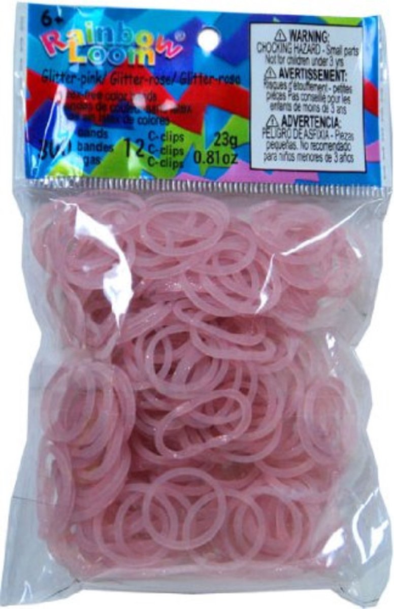 Rainbow Loom Glitter Roze - Loom Elastiekjes - 300 stuks met 12 clips