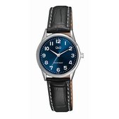 Q&Q C11A-016PY - Horloge - Analoog - Dames - Vrouwen - Leren band - Rond - Cijfers - Zwart - Zilverkleurig - Blauw
