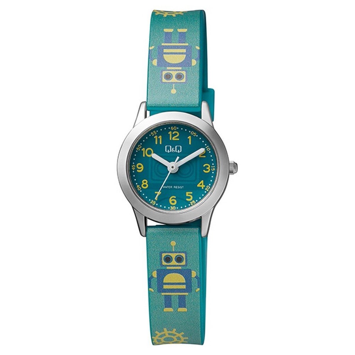 QQ QC29J335Y - Horloge - Analoog - Kinderen - Unisex - Plastic band - Rond - Cijfers - Metaal - Groen - Zilverkleurig - Geel